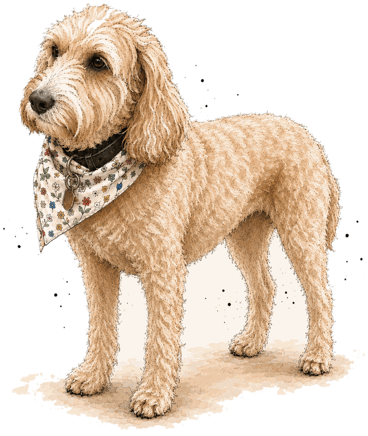 Indie, a cream cockapoo with a bandana.